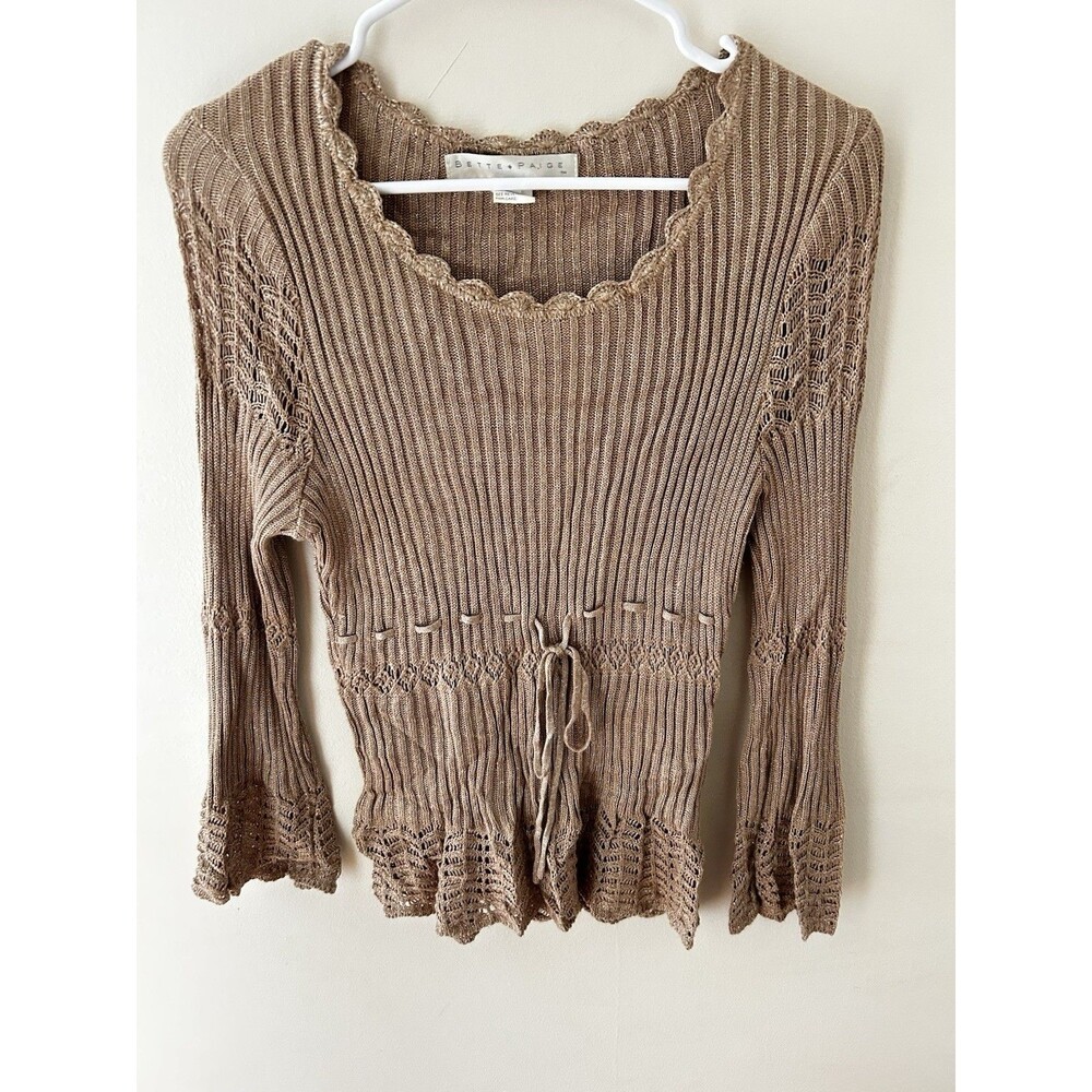 Bette Paige Womens Sweater M Brown Babydoll Crochet Top Metallic 70s Boho Y2K